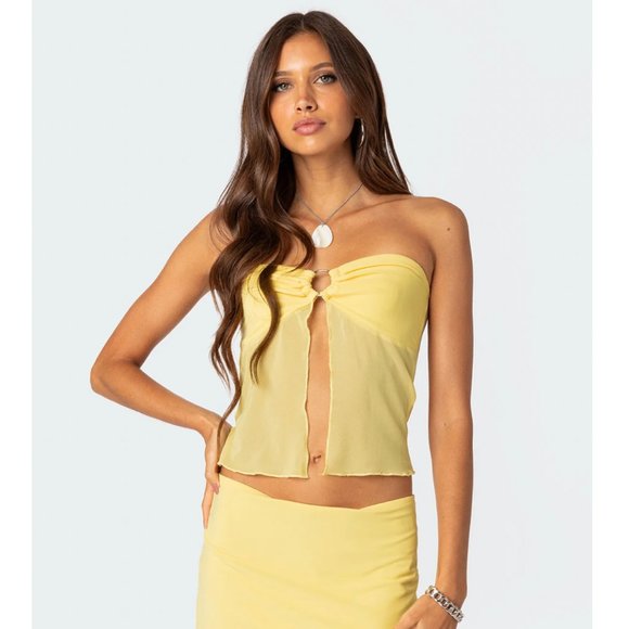 Edikted - Cyrene Split Front Sheer Mesh Top - Yellow - XSmall - Picture 1 of 4